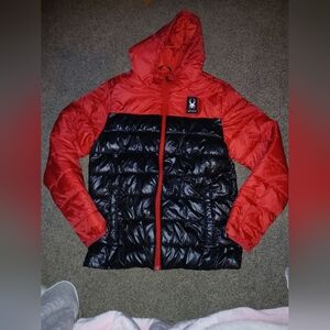 Mens Spyder Red and Black Hooded Puffer Jacket